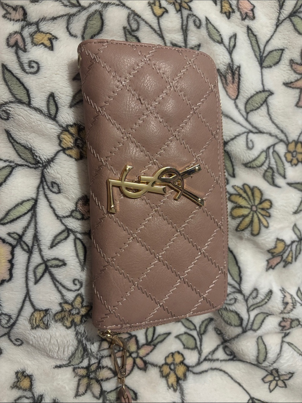 Saint Laurent Quilted Zip-Around Wallet in Dusty Mauve with Gold Hardware